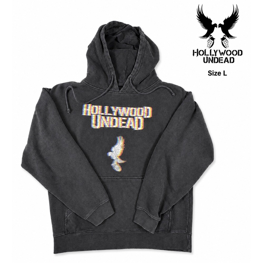 Hollywood Undead Merch Hoodie Adult L Y2K Black Rainbow Glitch Dove Grenade